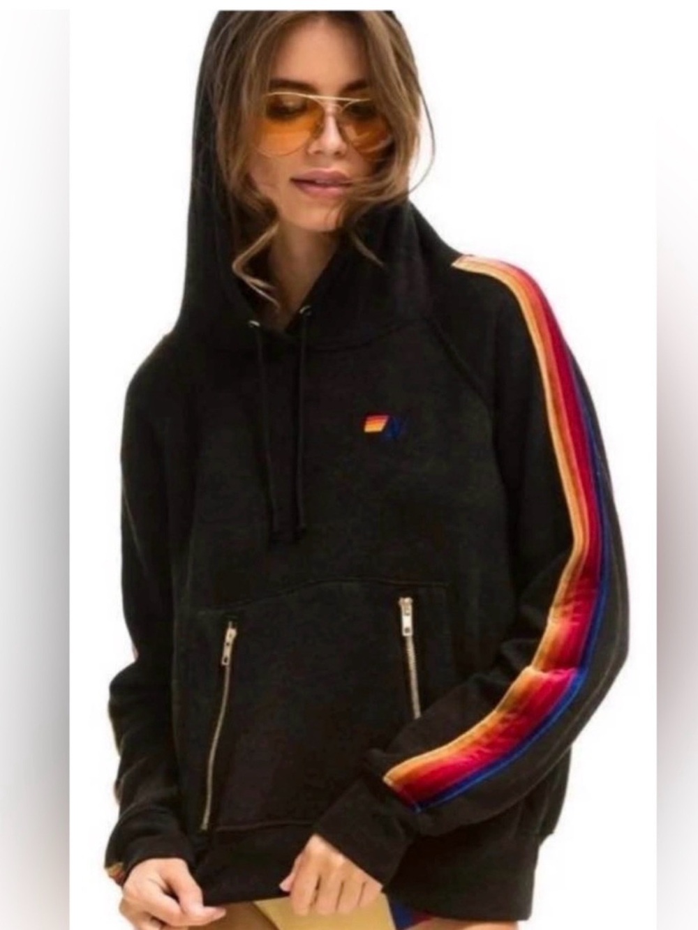 Aviator Nation Black Hoodie with Multicolor Stripe Emblem